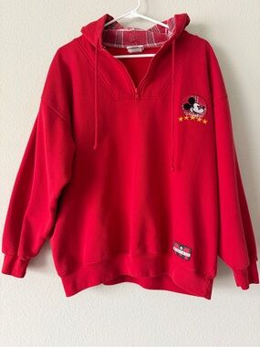 Vintage Mickey & Co Mouse Hoodie Sz M Red Plaid Lined Disney 90s Embroidered